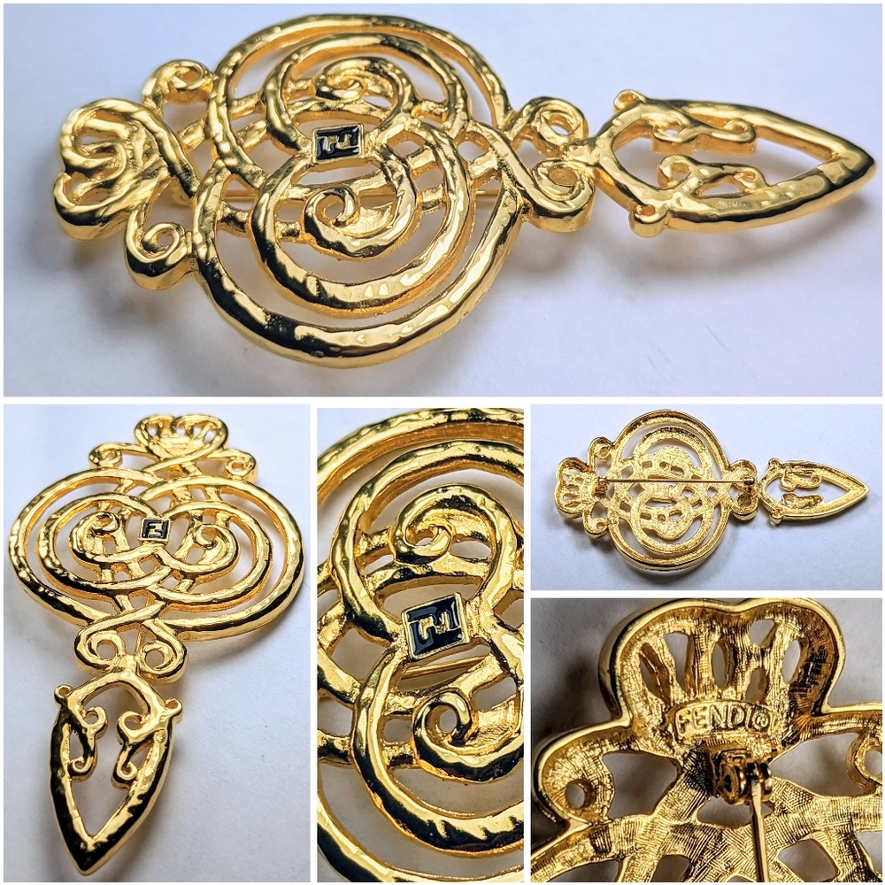 RARE Vintage Fendi Gold Toned Victorian Revival Brooch